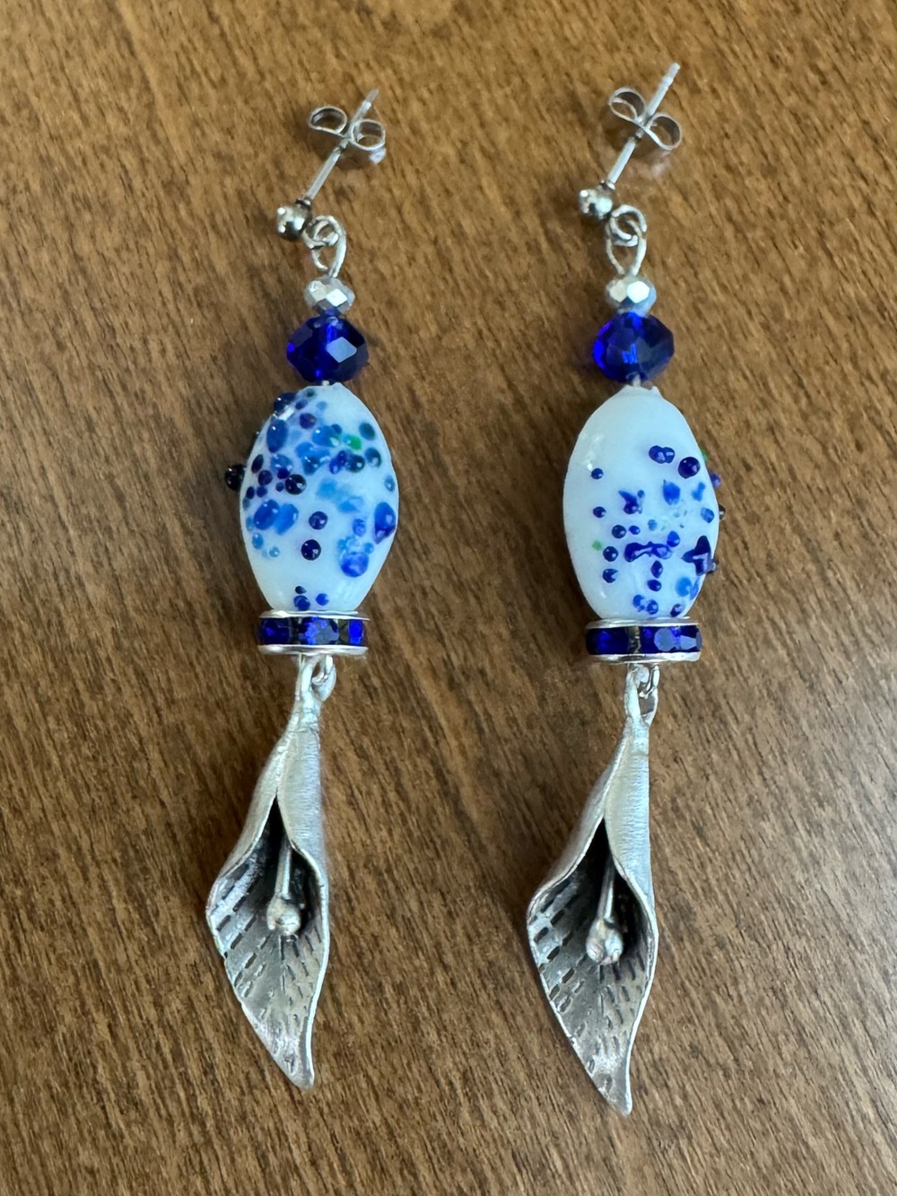 Cobalt Blue and White Floral Earrings with Calle Lily Dangle - Asian Inspired